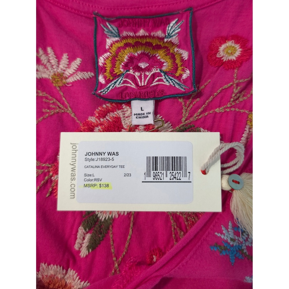 Johnny Was Catalina Everyday Tee Women L Cotton Pink Floral Embroidered V-Neck - Picture 3 of 6